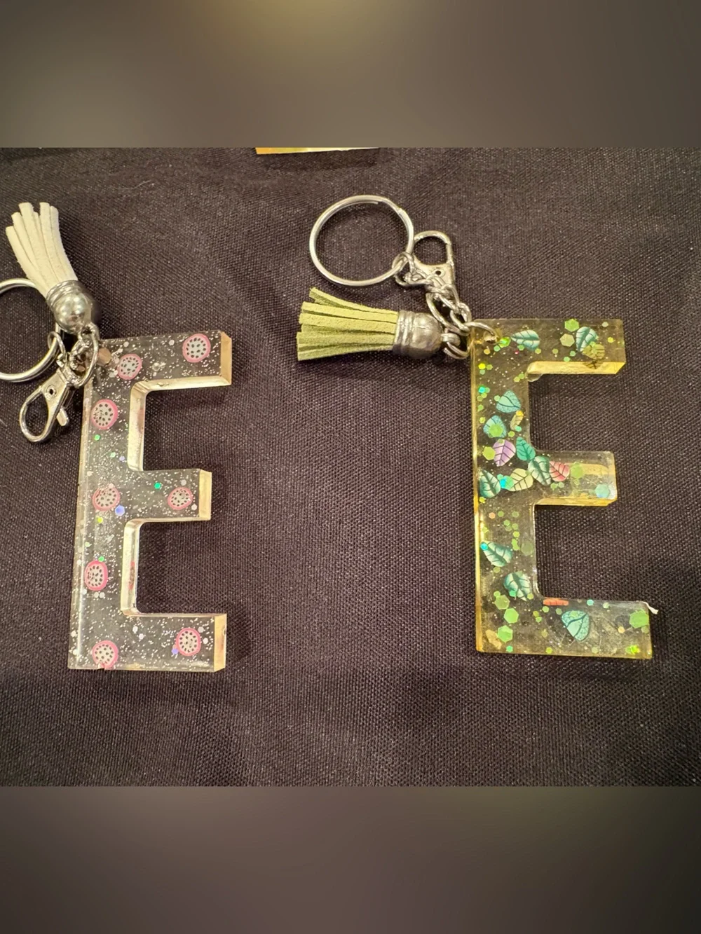 Glitter Resin 'E' Keychains with Tassels - Assorted Colors